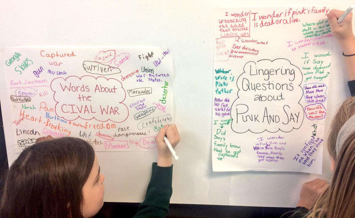 CassyDiaz's tweet photo. Activating our #schema about the #CivilWar as we dig into the text of #PinkAndSay #lingeringquestions #bigideas #strategicreaders #thatssomertz #ALStudents https://t.co/taU8MXHWhz