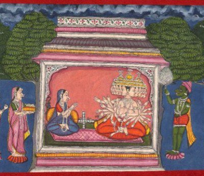 OnlineMythIndia's tweet photo. An illustration from the Ramayana. Ravana attempts to win the love of Sita over a game of chaupar. Hanuman, in disguise, observes. https://t.co/0hTSFoeRl6
(British Museum collections online: https://t.co/fUx0F1QskS) #OU4993 https://t.co/RsO8UK9gWo