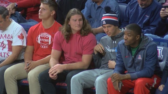 DavidKelly1290's tweet photo. #BearDown: #Sabino '17 LB &amp; #UofA Fr #JamesOfferman (1) workin' courtside seats to treat #ArizonaWildcats' likely team MVP's #ColinSchooler (2) and #KhalilTate (4). #Lucas Havrisik (3) also joining the crew. That's how you get in with the #BigCats on the team. #Pac12FB #Tucson https://t.co/Ef8JE7i8lm