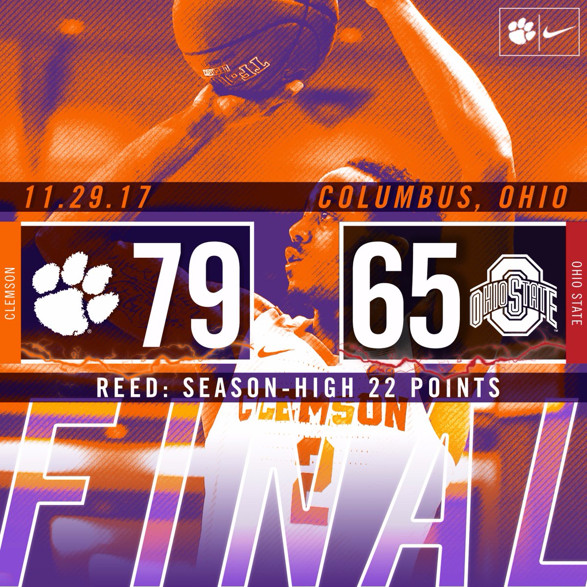 ClemsonMBB's tweet photo. FINAL: Tigers beat the Buckeyes (sound familiar?) and improve to 6-1 on the season! Marcquise Reed with a season-high 22 points!

#ClemsonGrit💪 https://t.co/vCMLI3SRO7