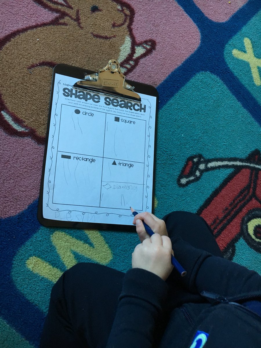 MsbMsmkinders's tweet photo. D went on a shape hunt today, around our classroom. He found some circles, rectangles, squares and triangles. He was so excited to do this all on his own, he tallied each shape. #demonstratingmathbehaviours #shapesearch #countingfun https://t.co/ZupeQM0NWI