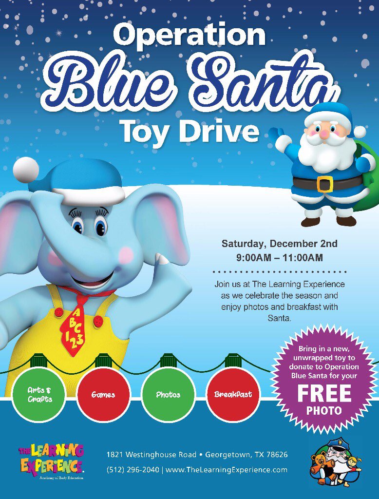 janice827's tweet photo. Join us @TheLearningExp #tlegeorgetown Saturday for our annual @GeorgetownTXPD #operationbluesanta toy drive and have #breakfastwithsanta! #projecttogetherness #LearnPlayGrow https://t.co/pq322dsCb8