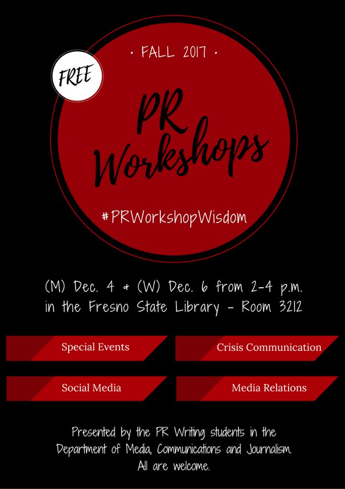 Fresno_State's tweet image. Join the @FSMCJDept #FSPRWriting class as they present helpful PR workshops! Dec. 4 &amp;amp; 6 from 2 - 4 p.m. in the @MaddenLibrary, Rm. 3212. #PRWorkshopWisdom