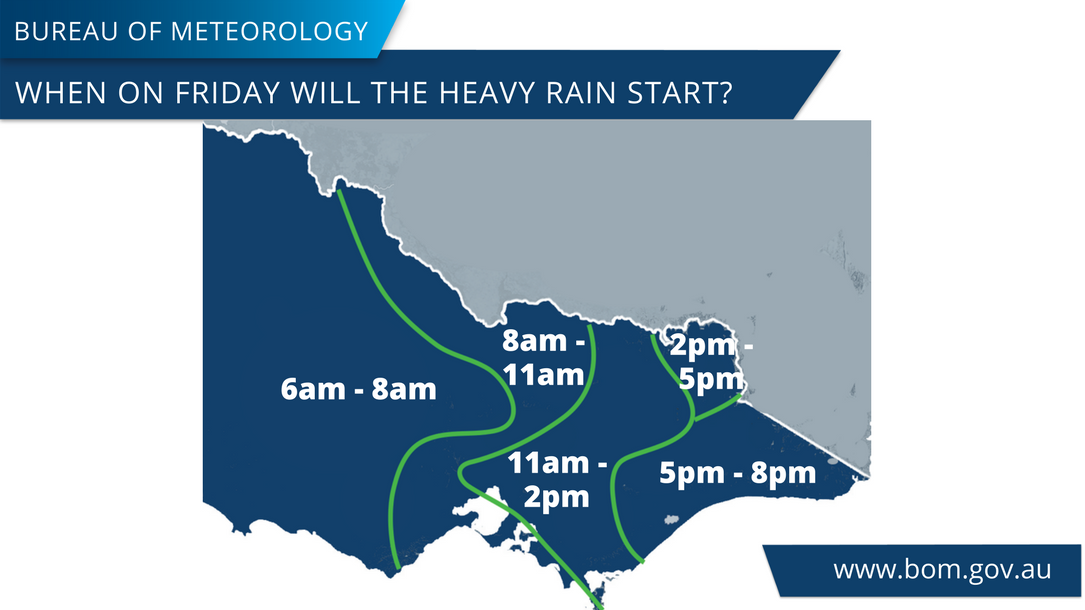 BOM_Vic's tweet photo. These are our current thoughts on when the heavy rain associated with the upcoming rain event will start. Isolated thunderstorms may affect areas before the main rain arrives. Check the forecast and warnings: https://t.co/FMMRnxrbFT https://t.co/ZlkibH7EQE
