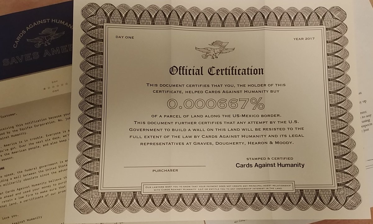 WednesdayMcCool's tweet image. Day one of Cards Against Humanity Saves America. I assume @CAH wanted the numbers to work out to .000666%, but had to round up?