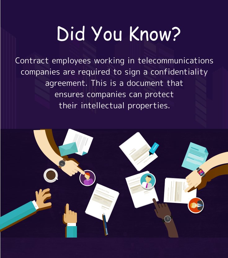 tstaffsolution's tweet image. Did You Know?
 
Contract employees working in telecommunications companies are required to sign a 
confidentiality agreement.
#ContractEmployee #TStaff

t-staff.com