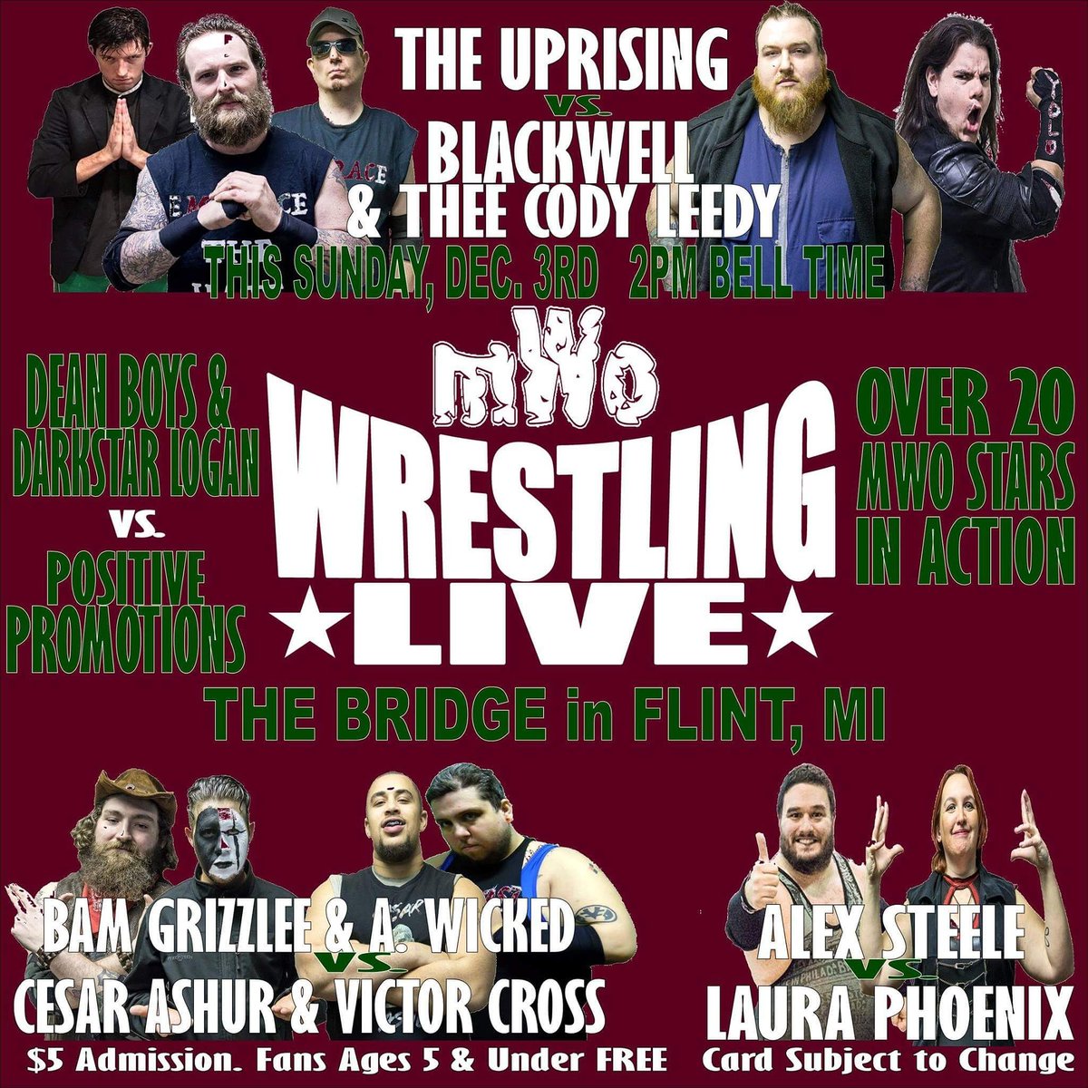 mwowrestling's tweet photo. The last stop on the road to #ChristmasClash takes place this Sunday, Dec. 3rd when the #MWO #Superstars invade #TheBridge in #Flint for a blockbuster edition of #MWO #WrestlingLive! 
The action begins at 2:00 PM
Admission is only $5.00 at the doors 5 &amp; under are FREE. https://t.co/I9wKFEVNtj