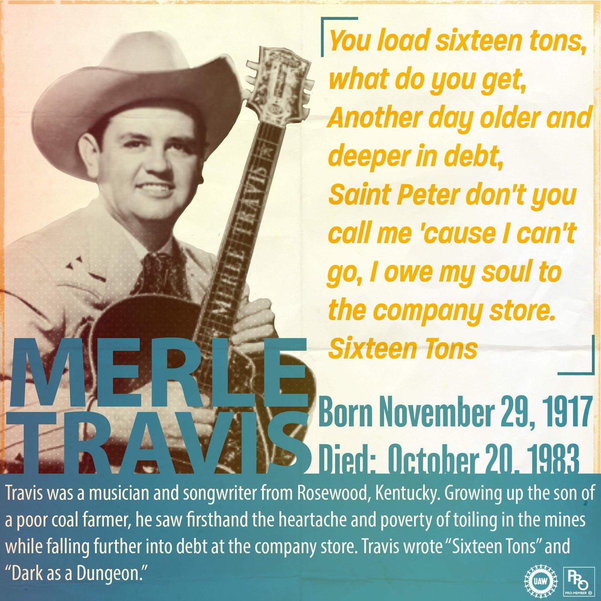 ScottMc1963's tweet photo. Happy birthday, Merle Travis! Song writer and supporter of workers!  #SongsofSolidarity #PROUAW https://t.co/4YLYVvYn50