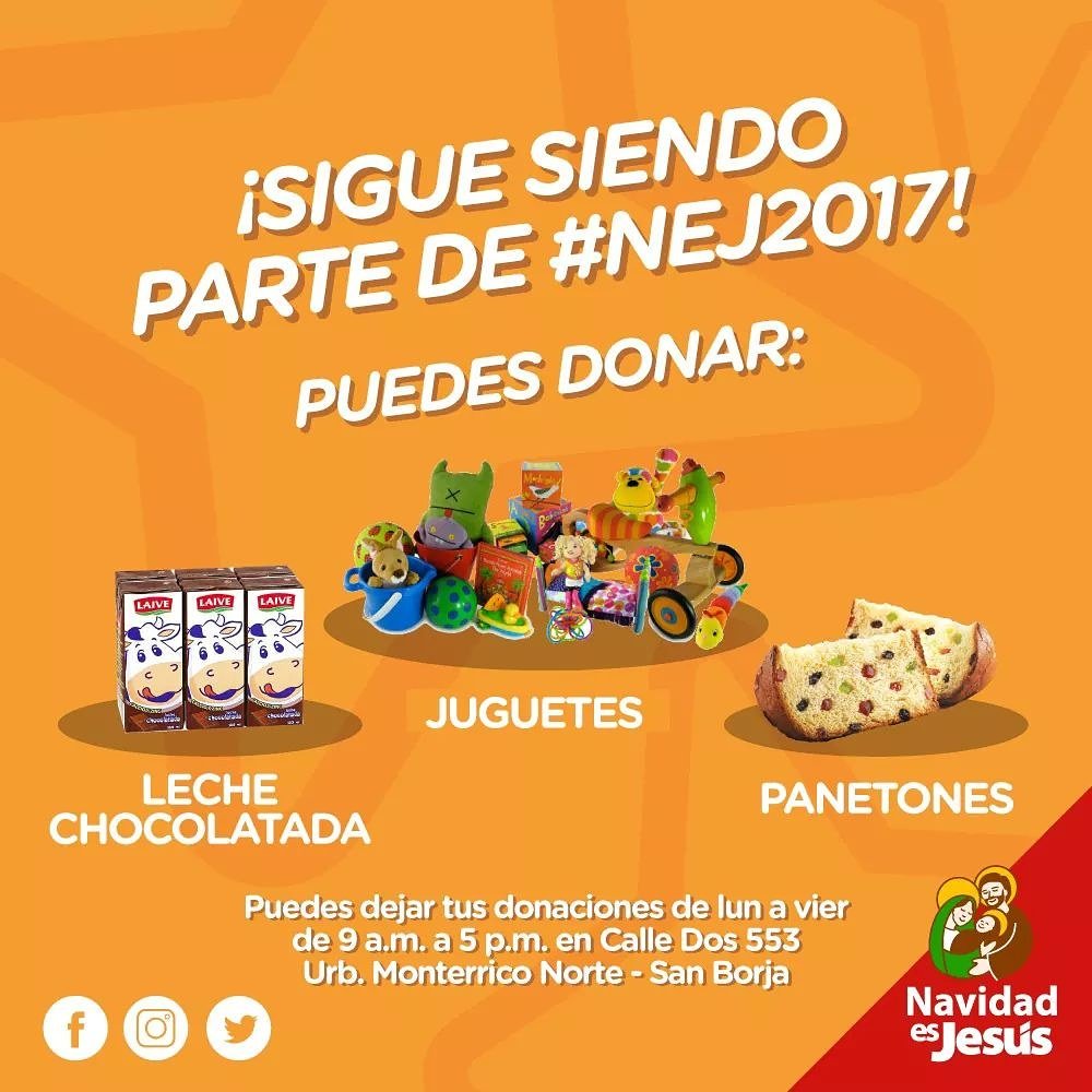 NEJcentral's tweet photo. ¡Así es! Seguimos esforzándonos para nuestras #CampañasNEJ . Si quieres ser parte de #NEJ, puedes colaborar con donaciones como panetones, chocolatadas y juguetes para niños entre 9 y 13 años.

Puedes dejar tu donación de lunes a viernes de 9 a.m. a 5 p.m. ¡Todos somos #NEJ2017! https://t.co/nYrMIIMj4C