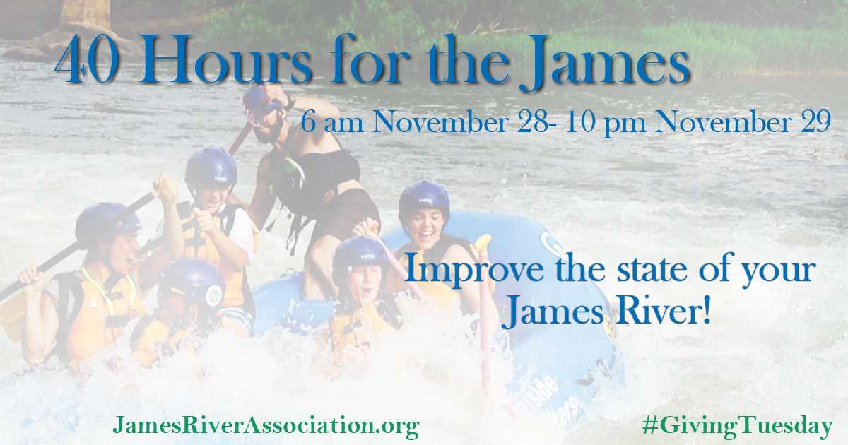 JRAvirginia's tweet photo. Thank you for helping us reach our #40hours goal this #GivingTuesday as we celebrated our 2017 #StateoftheJames report! https://t.co/fIzh1EglLV #40Hours #JamesRiver #CleanWater https://t.co/T6YKKkOP61