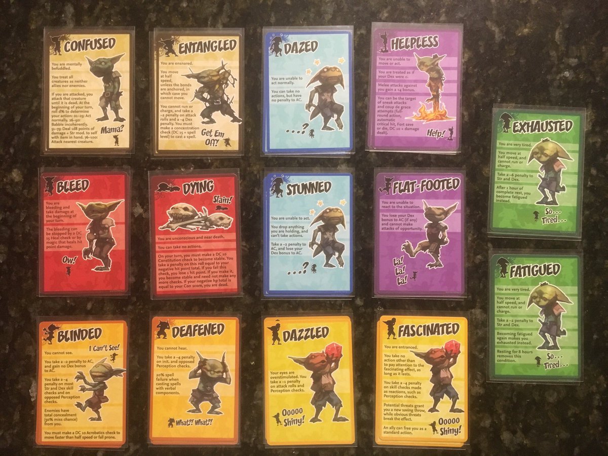 RemassogsRealm's tweet photo. #gamemastery Condition Cards. Don’t let your players forget what kind of #condition they have gotten their characters into. @paizopublishing #pathfinder #dungeonsanddragons #tabletopgaming #dungeonmaster #dmessentials #cards #advanceddungeonsanddragons https://t.co/VbvSbxg2Sl