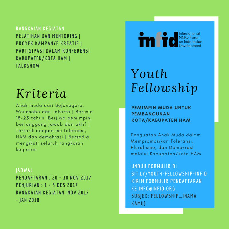 infid_ID's tweet photo. LAST DAY!!!

Call for Application: Youth Fellowship "Pemimpin Muda untuk Pembangunan Kota/Kabupaten HAM"

Jadilah bagian dari generasi muda Indonesia untuk perdamaian, toleransi, dan pluralisme! 

Informasi dan pendaftaran ➡️ https://t.co/j3qvmuSu4o 
#INFID #HRC2017 https://t.co/4Rv0CS9V5M