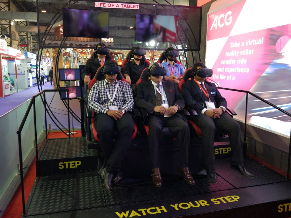 ACGWorld's tweet photo. Kicking off the last day of P-mec India 2017 with Mr Ajit Singh taking a ride on the virtual reality roller coaster - 'Life of a tablet'. #ACGFutureWorld #pmecindia https://t.co/kivUcNRLyW
