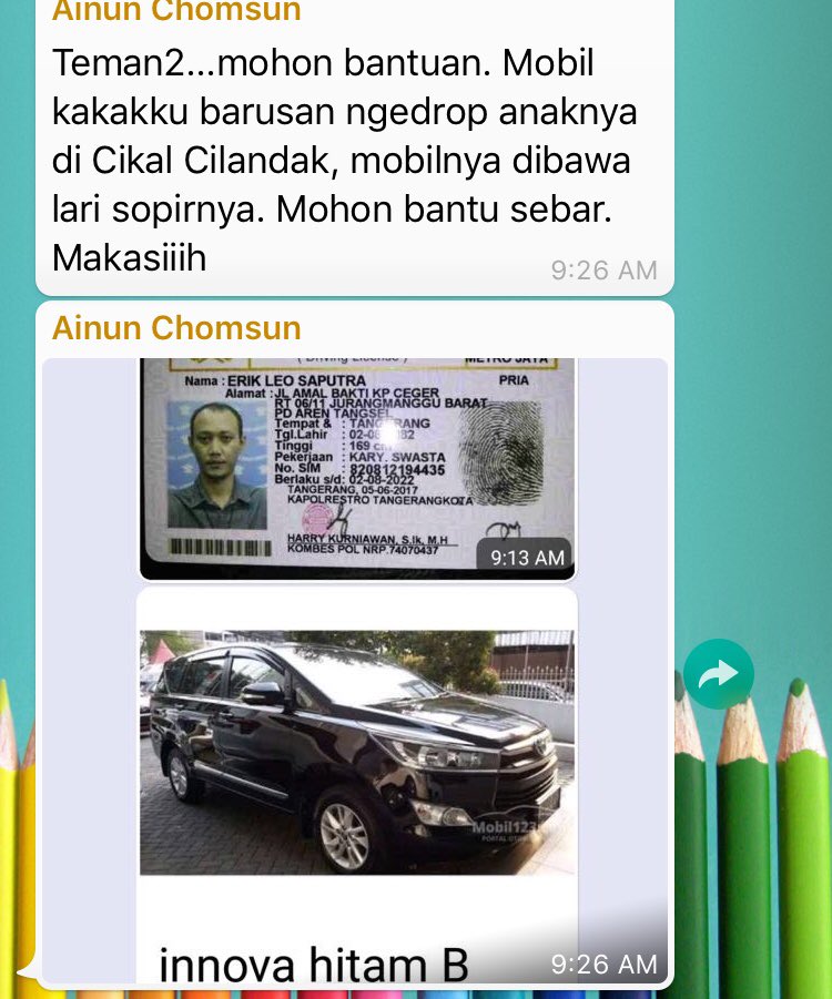 InfoLFID's tweet photo. Info dari mbak @ainunchomsun mohon bantuannya teman2 @infojakarta @restrotangkot @tmcrestrobekasi @team_jaguardpk @restadepok @ReneCC @NajwaShihab @infotgr @InfoTangsel @lewatmanacom @lewatmana @rahneputri @ajenglembayung @nagacentil  #MobilHilang #MobilDicuri https://t.co/XhVRceXb5X