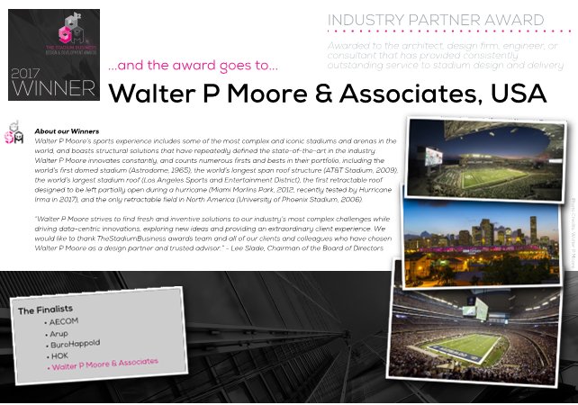 BartMiller_'s tweet photo. What an amazing honor to be recognized at the inaugural #TDA17 @stadiumbusiness awards against some outstanding competition! Congratulations to all the nominees and winners.  Check out the entire line up here: https://t.co/ZcR6wXpn3Y @WalterPMooreEng https://t.co/eEl2Z0ZQPL