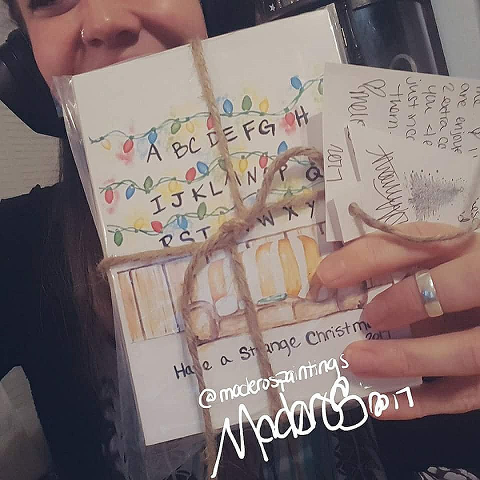 Maderospainting's tweet photo. Message me if you are wanting to order #Christmas #Christmascards from me the #StrangerThings have been my hot seller so far!!! #StrangererThings #Oregonartist #art #handmade #artist #watercolor #PDXart #Oregon #Holiday https://t.co/c2c8a1vQn0