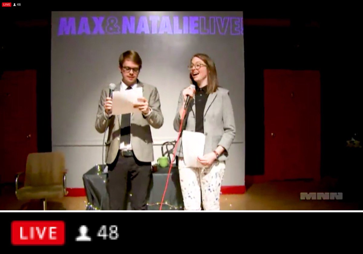 maxandnatalie's tweet photo. RECORD BREAKING ALERT: 48 views on the livestream tonight!!! If you thought we normally did better than that, now you know the truth. If you thought we could never hit 48, WE SHOWED YOU! Catch the full version on YouTube in the morning. #publicaccess #DIYcomedy https://t.co/p7ZAup8Usa
