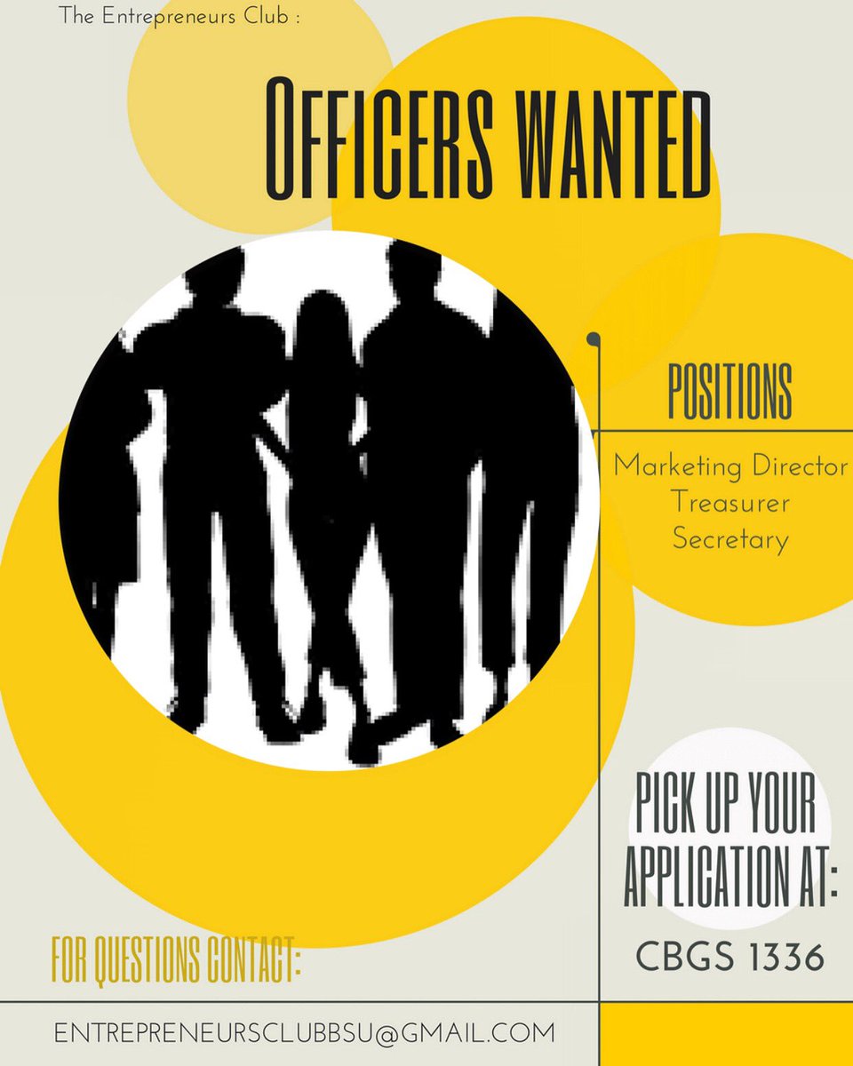 bsuEA_'s tweet photo. Officers Wanted for the Entrepreneurs Club❕ Open to ALL bsu students. If you are interested in any of these positions and you have what it takes come pick up an application at CBGS room 1336 or 1338. The deadline  to submit applications is Monday December 4,2017. https://t.co/74zUD5HwSL