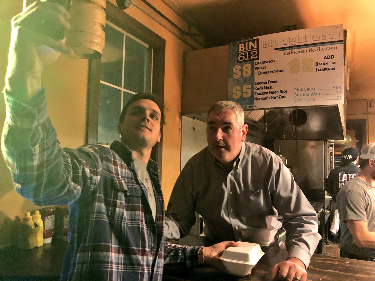 BallCoachJoeMo's tweet photo. Now this is #StarkVegas! Serving cheese fries in the Cotton District tonight. Love meeting our students! #HailState https://t.co/GHh6vzy2y6