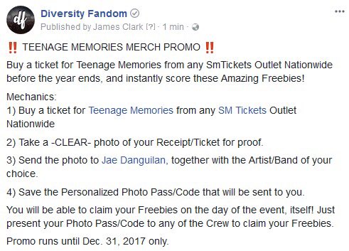 diversityfandom's tweet photo. #TeenageMemories MERCH PROMO 

Buy a ticket for Teenage Memories from any SmTickets Outlet Nationwide before the year ends, and instantly score these Amazing Freebies!

Promo runs until Dec. 31, 2017 only. https://t.co/0m7GCasAaL