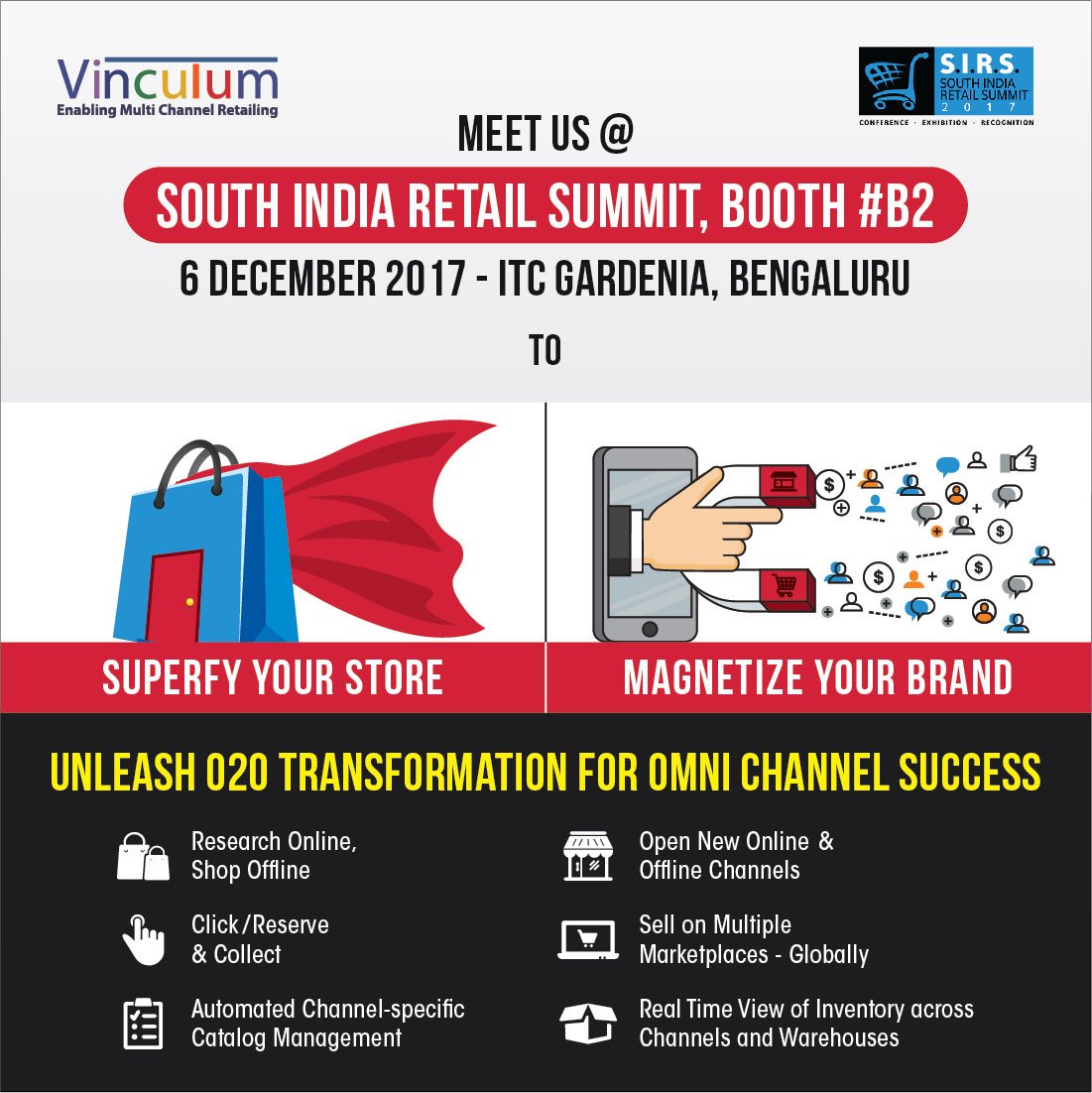Vin_Omnichannel's tweet image. Unleash the power #OmniChannel Experience for your brand with Vinculum. Catch us at South India Retail Summit 2017 on 6th Dec, Booth # B2. goo.gl/tHhDN1

#O2O #O2Otransformation #SuperfyYourStore #MagnetizeYourBrand #SIRS2017 #Vinculum