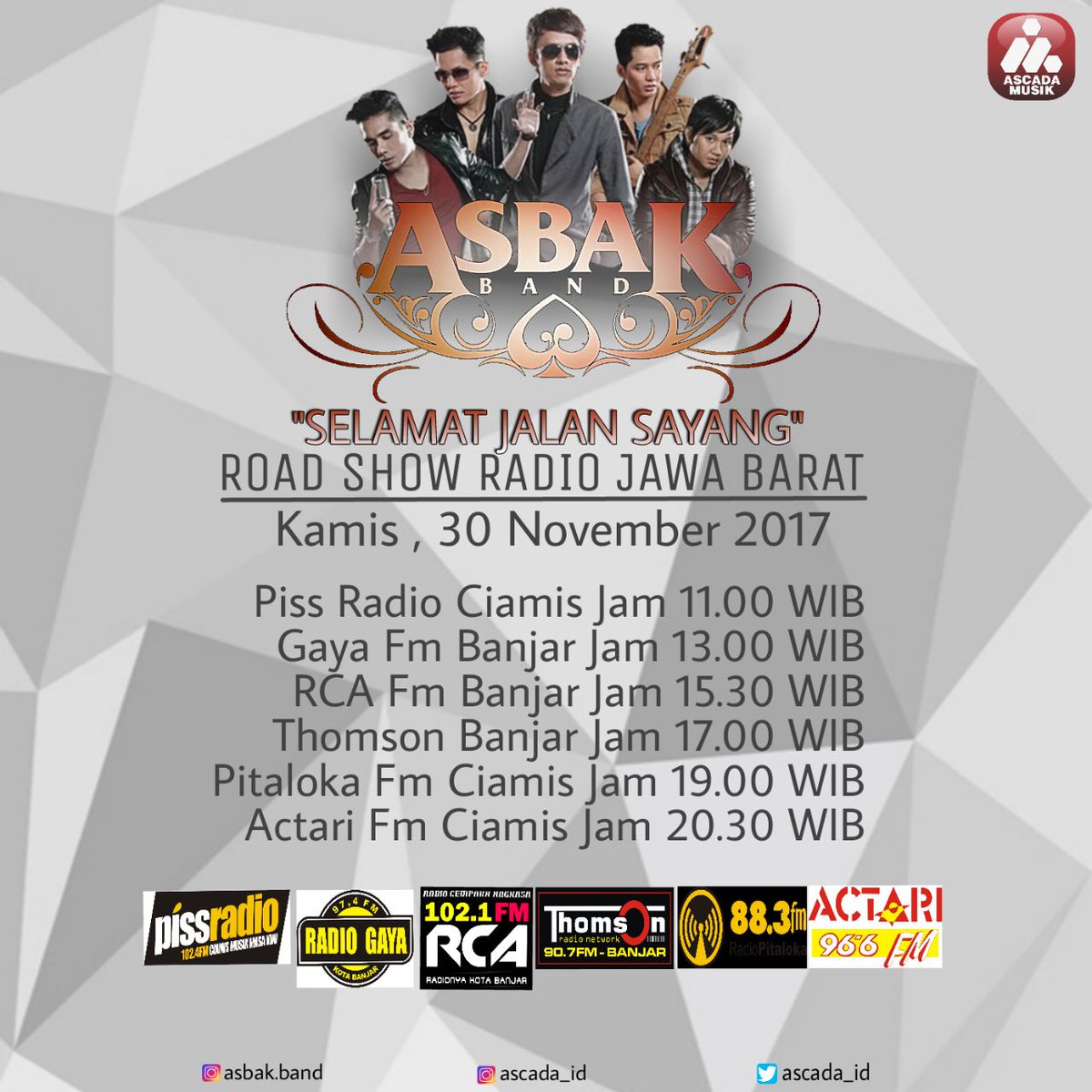 Radio Gaya Fm kota Banjar - Jawa barat (@radiogaya) on Twitter photo Jangan lewatkan live interview hari ini 30 November 2017
13:00 bareng ASBAK BAND dengan single terbaru Selamat Jalan Sayang <a href="/RadioGaya/">Radio Gaya Fm kota Banjar - Jawa barat</a>
Cc: <a href="/BandAsbak/">AsbakBand INDONESIA</a> <a href="/ASCADA_ID/">Ascada Musik IND</a> Jangan lewatkan live interview hari ini 30 November 2017
13:00 bareng ASBAK BAND dengan single terbaru Selamat Jalan Sayang <a href="/RadioGaya/">Radio Gaya Fm kota Banjar - Jawa barat</a>
Cc: <a href="/BandAsbak/">AsbakBand INDONESIA</a> <a href="/ASCADA_ID/">Ascada Musik IND</a>