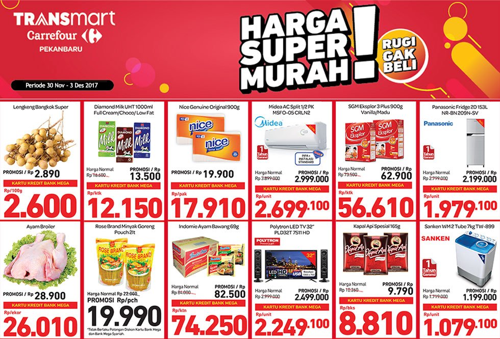 Transmart_IND's tweet photo. SUPER HARGA HEMATNYA! Cari tahu lebih lengkap promo kebutuhan Anda di Transmart Maguwo Yogyakarta, Mataram, Padang dan Pekanbaru. Promo berlaku 30 Nov - 3 Des 2017. Klik https://t.co/qrpe6AUsYg #PromoHebatTransmart #TransmartPunyaSemua #Mataram #Yogyakarta #Padang #Pekanbaru https://t.co/s35fKW6nfT