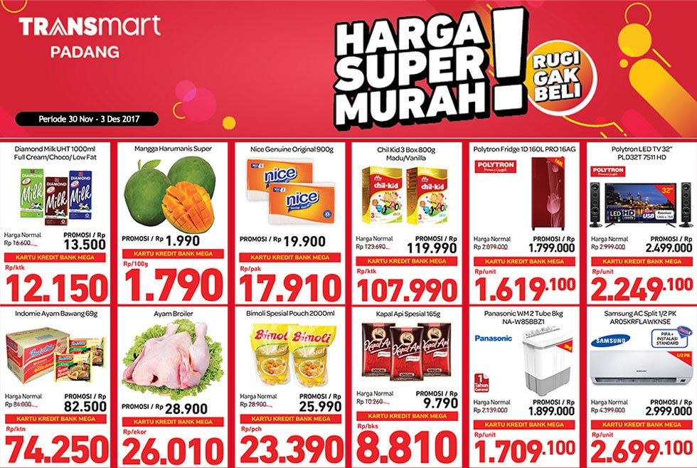 Transmart_IND's tweet photo. SUPER HARGA HEMATNYA! Cari tahu lebih lengkap promo kebutuhan Anda di Transmart Maguwo Yogyakarta, Mataram, Padang dan Pekanbaru. Promo berlaku 30 Nov - 3 Des 2017. Klik https://t.co/qrpe6AUsYg #PromoHebatTransmart #TransmartPunyaSemua #Mataram #Yogyakarta #Padang #Pekanbaru https://t.co/s35fKW6nfT