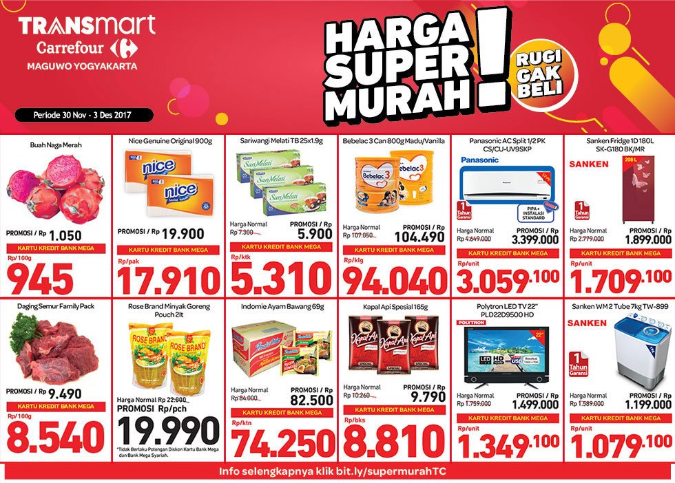 Transmart_IND's tweet photo. SUPER HARGA HEMATNYA! Cari tahu lebih lengkap promo kebutuhan Anda di Transmart Maguwo Yogyakarta, Mataram, Padang dan Pekanbaru. Promo berlaku 30 Nov - 3 Des 2017. Klik https://t.co/qrpe6AUsYg #PromoHebatTransmart #TransmartPunyaSemua #Mataram #Yogyakarta #Padang #Pekanbaru https://t.co/s35fKW6nfT