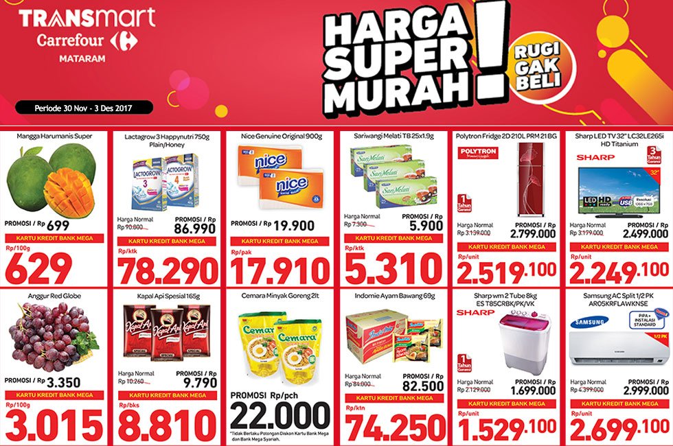 Transmart_IND's tweet photo. SUPER HARGA HEMATNYA! Cari tahu lebih lengkap promo kebutuhan Anda di Transmart Maguwo Yogyakarta, Mataram, Padang dan Pekanbaru. Promo berlaku 30 Nov - 3 Des 2017. Klik https://t.co/qrpe6AUsYg #PromoHebatTransmart #TransmartPunyaSemua #Mataram #Yogyakarta #Padang #Pekanbaru https://t.co/s35fKW6nfT