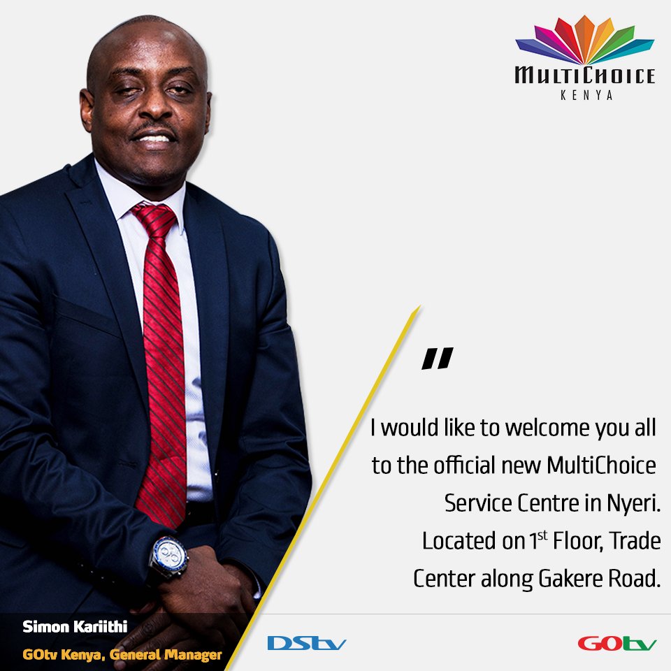 DStv_Kenya's tweet photo. The Nyeri Service Centre located on 1st Floor, Trade Center along Gakere Road will open daily from 8am to 8pm on weekdays, 9am to 6pm on weekends and 9am to 5pm on public holidays. #MultiChoiceCares https://t.co/aIM2nF2k3E