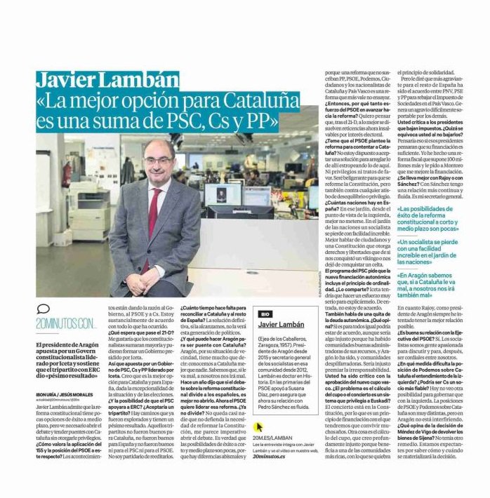 aragonpsoe's tweet photo. 📰@JLambanM: "La mejor opción para Cataluña es una suma de PSC, Cs y PP"
Entrevista en @20m 👇
https://t.co/OoFqP0pShV https://t.co/V2JW9FxqsS