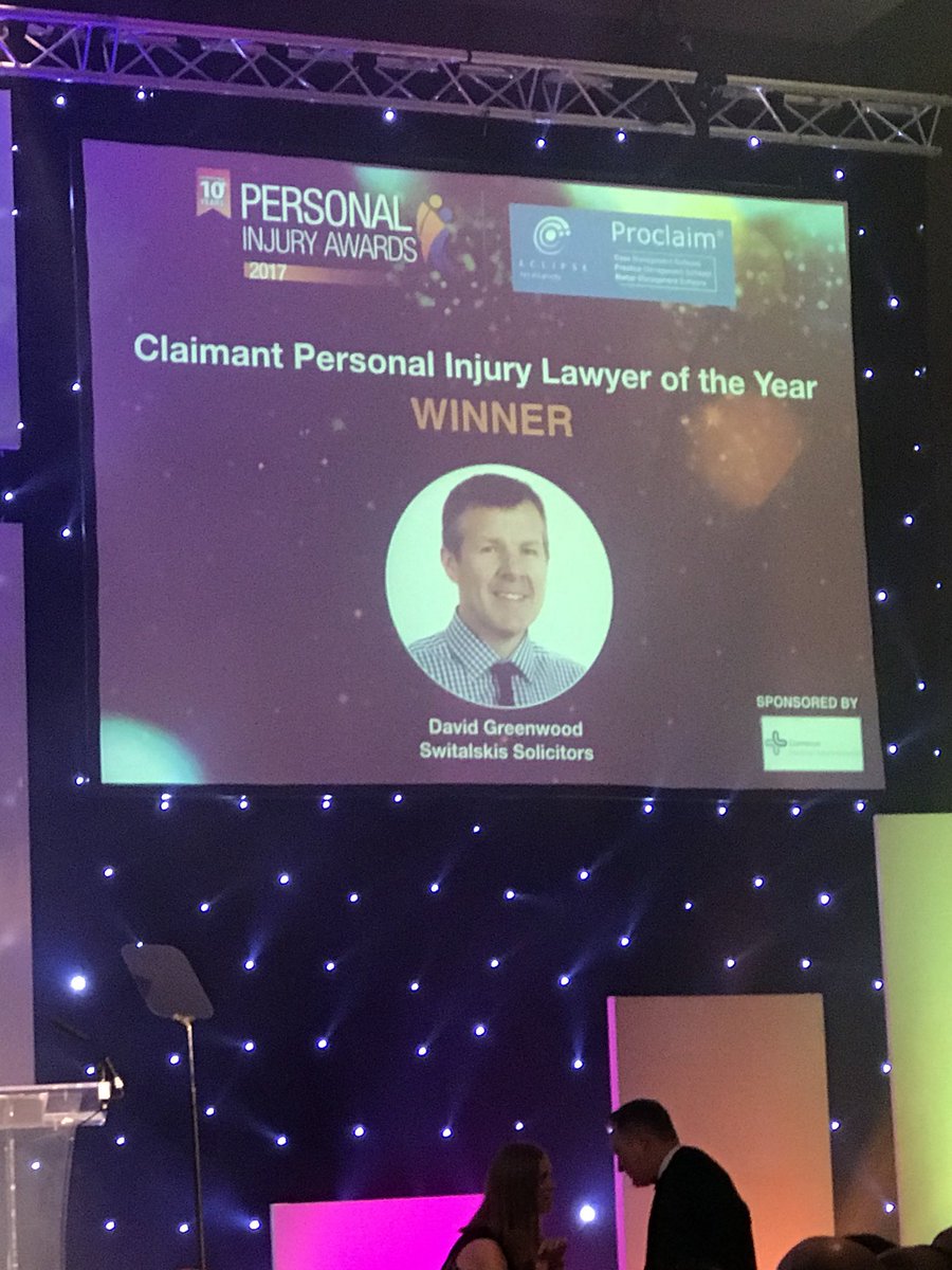 Switalskis's tweet photo. A double win for our @CATSwits team at the #PiAwards17 last night. We're delighted that @DGreenwoodLaw won the Claimant PI Lawyer of the Year award and his team picked up the award for the Claimant Team of Year.
Thoroughly deserved for all their hard work and achievements. https://t.co/BwL4ij16el