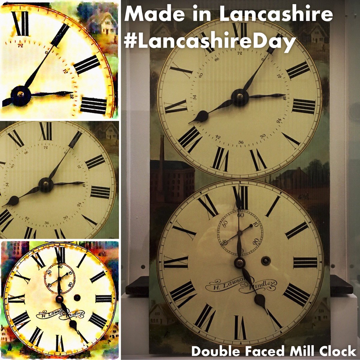 On display in The Museum of Wigan Life, a rare Double Faced Mill Clock, made by Henry Lawson of Hindley in 1840. The clock has no No.1 on the upper clock dial. This is would stop the machines for lunch time &amp; start up again at 2pm #LancashireDay #MadeInLancashire #Lancashire70