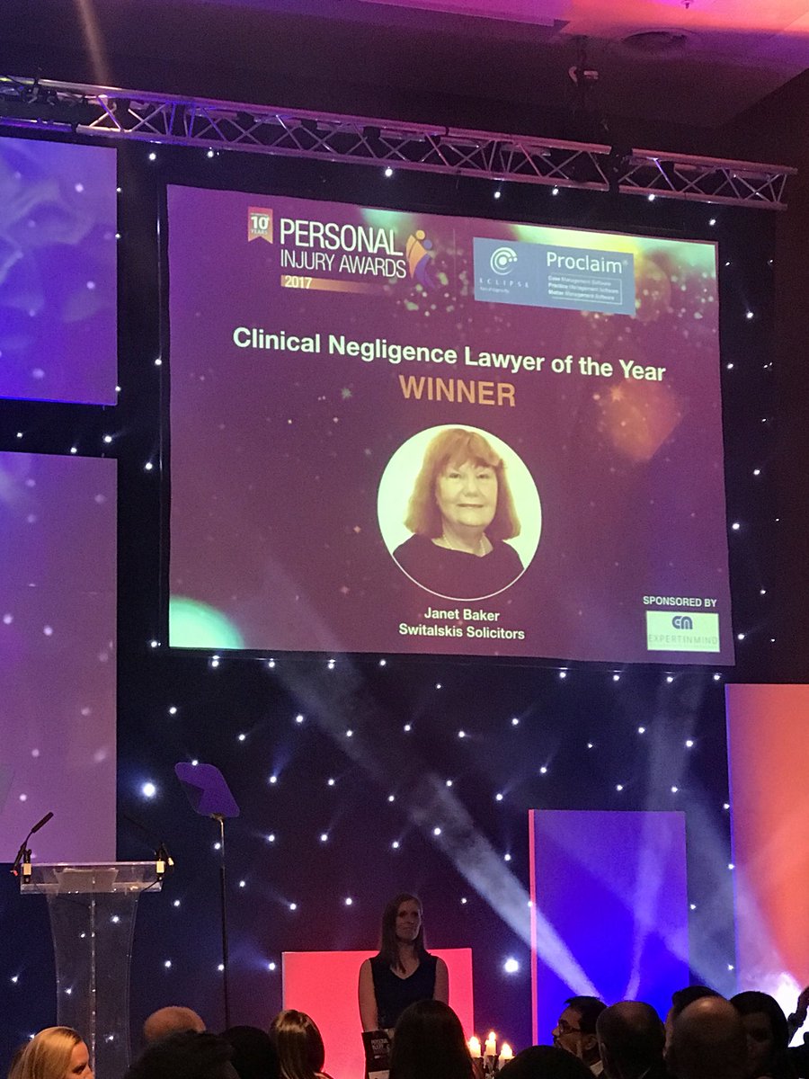 Switalskis's tweet photo. And for the hat trick win... Our Janet Baker won the award for Clinical Negligence Lawyer of the Year. Another fantastic achievement from this inspirational women! #PiAwards17 https://t.co/gC5CuTSvV9