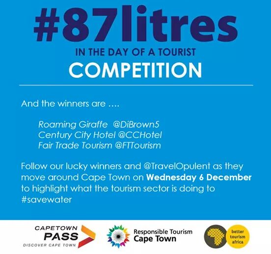 respCPT's tweet photo. A1 We need massive awareness and action amongst tourists. On Wednesday 6 Dec the winners of our #87litres contest will travel the #CapeTown to showcase #Waterwisetoshowcaseplaces doing their bit @DiBrown5 @TravelChatSA @FTTourism https://t.co/SUBK9Vm74e