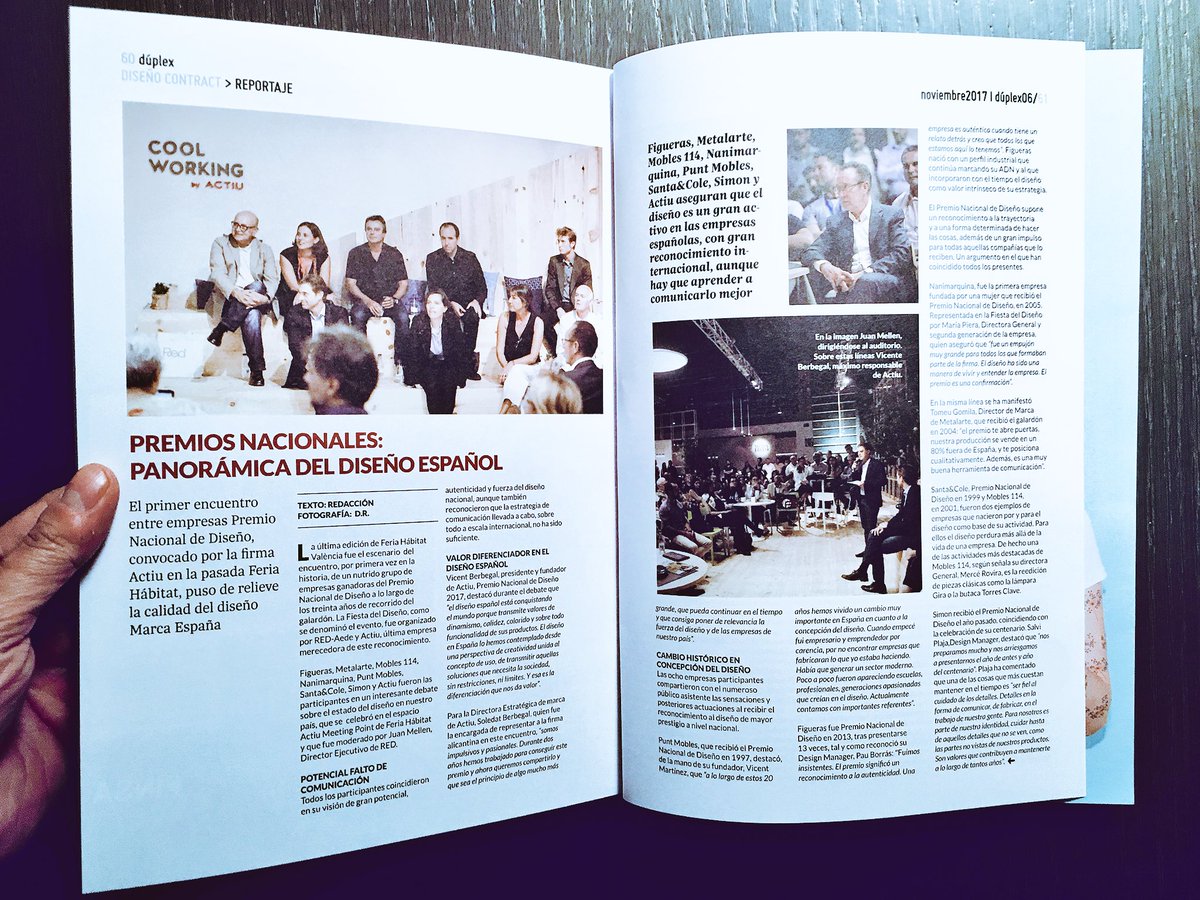 Red_Diseno_FMRE's tweet image. Estupendo reportaje en el nº 6 de @Revista_Duplex del encuentro de los Premios Nacionales de Diseño organizado por Red y @actiu en @habitatvalencia Sept 2017. ¡Bravo! ✌🏼 #ESPdesign #passionfordesign #nocopy Cc @DissenyCV