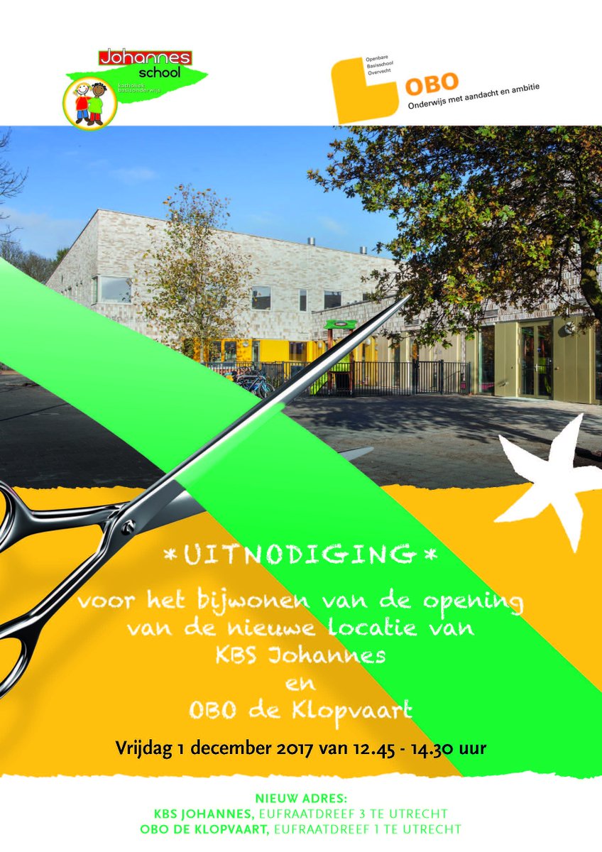Vrijdag 1 december 2017 om 13.00 uur officiële opening schoolgebouw KBS Johannes en OBO de Klopvaart, Utrecht Overvecht.