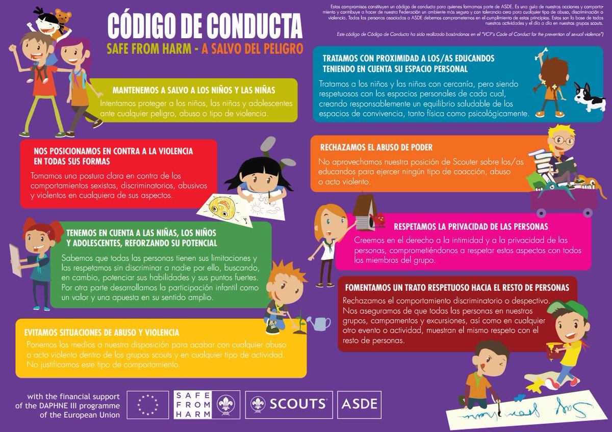 scout_es's tweet photo. #SCOUTSROMPIENDOLAVIOLENCIA Scouts de España tiene un código de conducta con 8 principios que guían nuestras acciones contribuyendo a crear un ambiente más seguro y con tolerancia cero para cualquier tipo de abuso, discriminación o violencia https://t.co/36K2UH0AbL