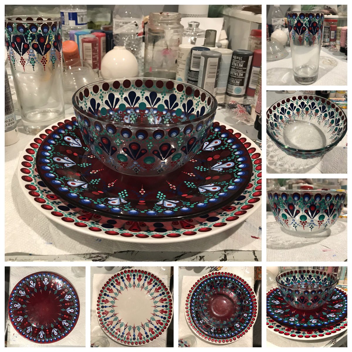 MZjaci's tweet photo. https://t.co/Poe0ejosqD I finished this plate setting, complete with cup, a couple days ago and have decided to make it a whole set. Interested in having custom dishes let me know. #stippledglass #paintedglass #mandala #dots #dotart #dotmandala #platesetting #painteddishes https://t.co/NN22Ox40DU