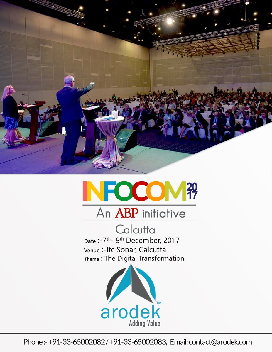 arodekGlobal's tweet photo. #EventsAlert arodek are happy to announce that Arodek will be a part of 'INFOCOM 2017" as Associate Sponsor!Let meet & discuss about "Digital Transformation".
#corporateevents #businessmeet #DigitalTransformation #ABP #infocom2017 https://t.co/emg3IKfB4F