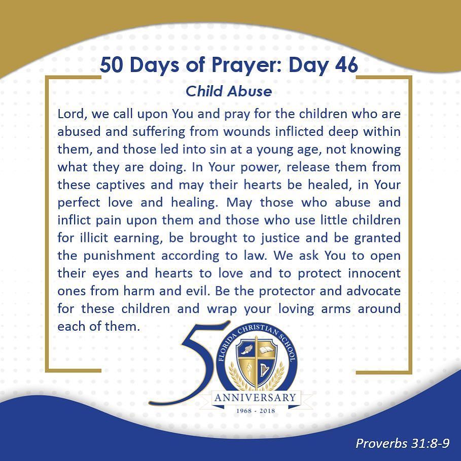 FCSPatriots's tweet photo. 50 DAYS OF PRAYER: DAY 46
Bible Passage: “Speak up for those who cannot speak for themselves, for the rights of all who are destitute. Speak up and judge fairly; defend the rights of the poor and needy.” Proverbs 31:8-9 #50daysofprayer #prayforou… https://t.co/FxPlQEbQ1U https://t.co/2JXfBT6Ds1