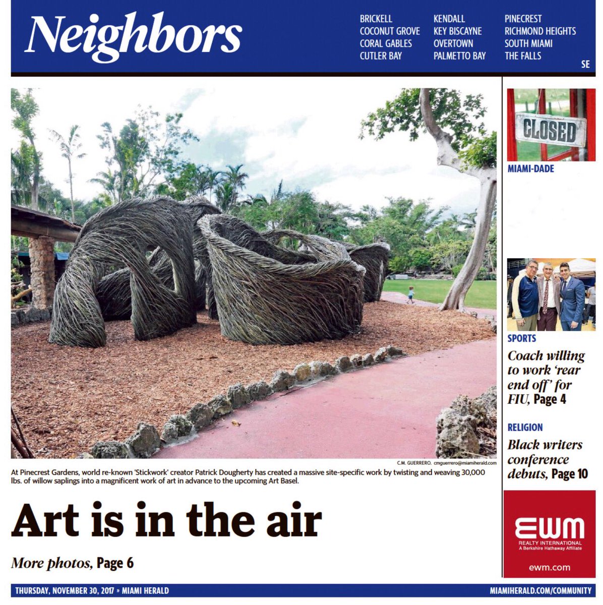 pinecrestfl's tweet image. Art is in the air at @PinecrestGarden. Don’t miss this evening’s public unveiling of 3 amazing exhibits, including #Stickwork, beginning at 6pm.