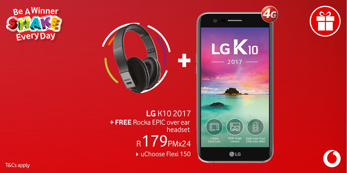 Vodacom's tweet image. Another day another deal! It’s the LG K10 2017 with a FREE Rocka EPIC Over Ear Headset valued at R499! Do yourself a favour faves, RT this tweet to unlock today’s #ShakeEveryDay prize. bit.ly/2jx94MM T&amp;amp;Cs apply