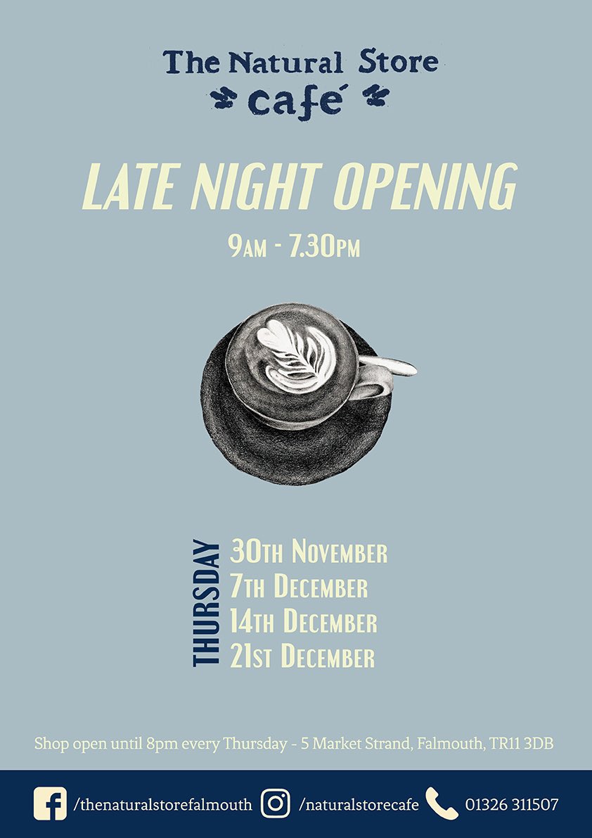 NaturalStoreFHS's tweet image. ✨LATE NIGHT OPENING✨ #TheNaturalStoreCafe will be open late until 7:30pm 2nite &amp;amp; on all Thursdays on the lead up to Christmas. The shop will be open until 8pm on Thursday as usual 🎄🥗✨ #LoveNatStore #FestiveFood #LateNightShopping #Christmas #ShopLocal #LoveFalmouth #Falmouth