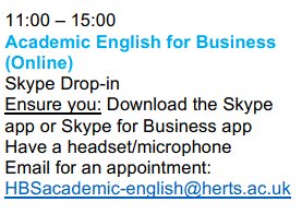 HBS_AEB's tweet photo. Need some help expressing yourself in Business assignments this Friday?  Try our NEW 1-1 Skype drop-ins.  Students are saying they're great and you can do them anywhere 😏 Email HBSacademic-english@herts.ac.uk for an appointment @case_hbs #case_hbs #hertsuni https://t.co/g6TXq5lVEm