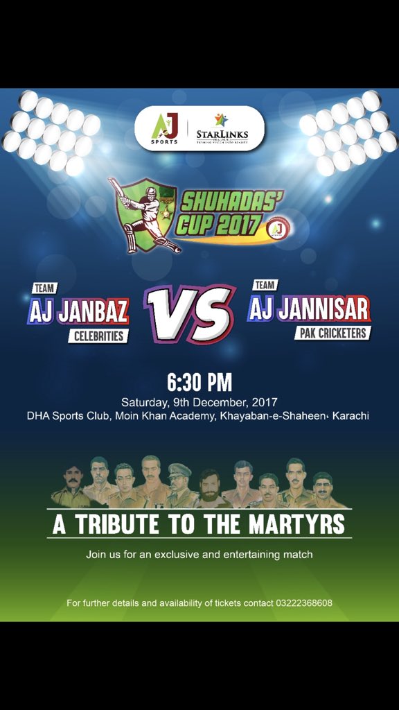starlinkspr's tweet photo. Are you ready for a super exciting and fun match, Karachi?🏏

For more event details click on https://t.co/9Dfw0mkZv5

#Shuhadascup17 #pakshuhadas #SC17 #cricketmatch #cricketlovers #moinkhanacademy #cricketfever #teamspirit #teamjanbaz #teamjannisar #AJsports https://t.co/0ohliy3YIr
