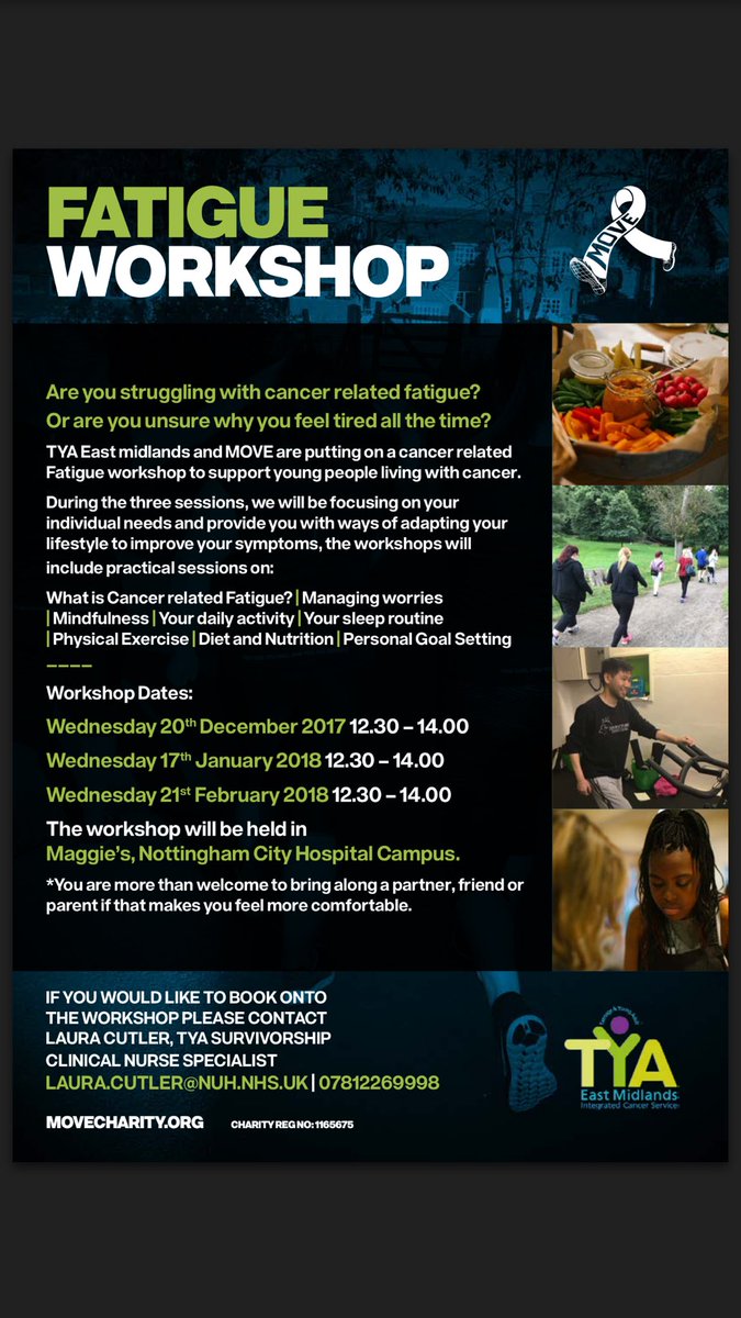 MOVEcharity's tweet photo. We are launching a series of workshops starting in December focusing on cancer related fatigue.We will be delivering a really interactive session focusing on different ways to help manage fatigue. Get in touch with Laura to book your place.
#moveagainstcancer #cookagainstcancer https://t.co/2pY5iXxECq