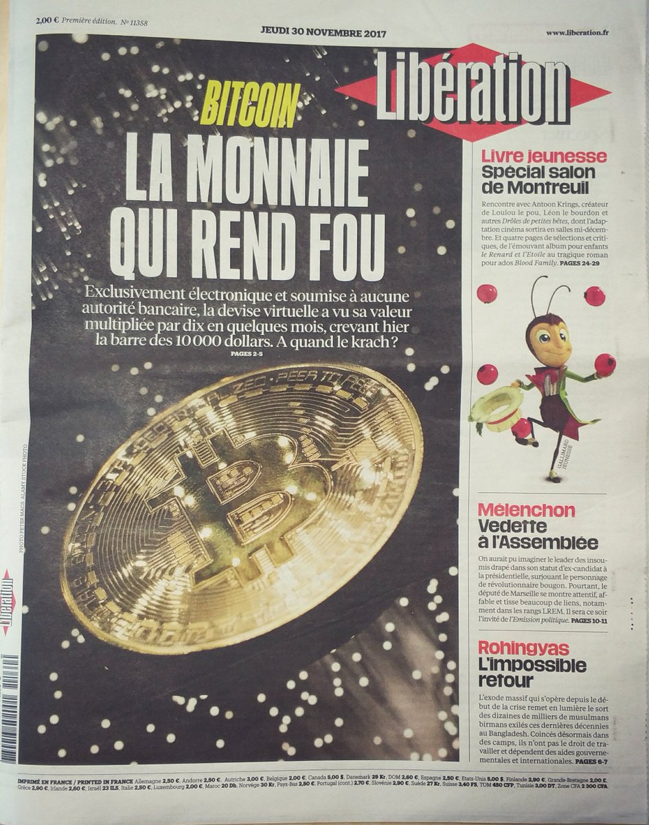 CryptoFR's tweet image. #Bitcoin en Une de Libé aujourd'hui avec un titre tout en retenue : "Bitcoin, La monnaie qui rend fou"

Malgré le titre, le contenu (4 pages !! 😮) est lui plutôt intéressant. 

C'est la première fois que Bitcoin est en une d'un grand journal Français 👏