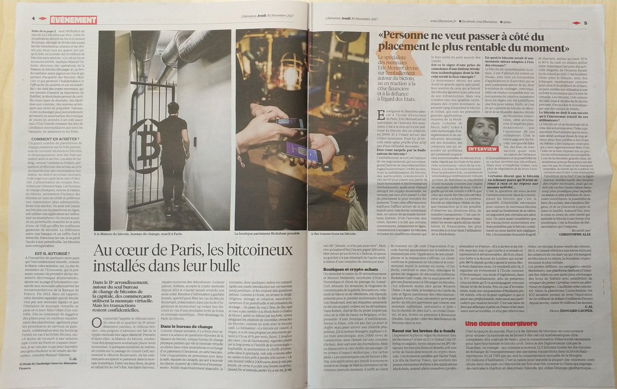 CryptoFR's tweet image. #Bitcoin en Une de Libé aujourd'hui avec un titre tout en retenue : "Bitcoin, La monnaie qui rend fou"

Malgré le titre, le contenu (4 pages !! 😮) est lui plutôt intéressant. 

C'est la première fois que Bitcoin est en une d'un grand journal Français 👏